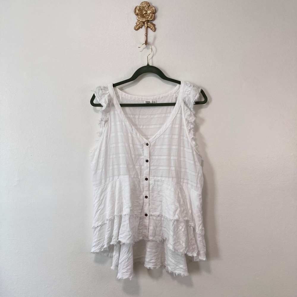 White Ruffle Tiered Button Front Tank Top True Craft Boho Peasant 100% Cotton